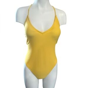 Shade & Shore Yellow V-Neck One-Piece Swimsuit, Racerback, Size Medium